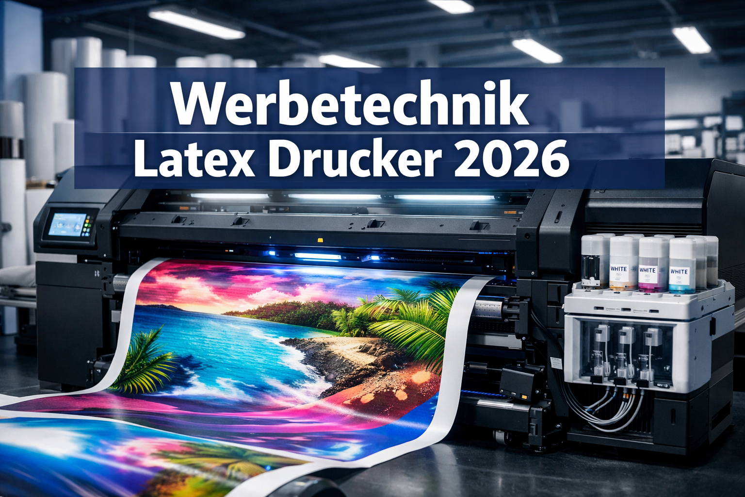 Professional landscape format (1536x1024) hero image featuring bold text overlay 'Werbetechnik Latex Drucker 2026' in extra large 72pt white
