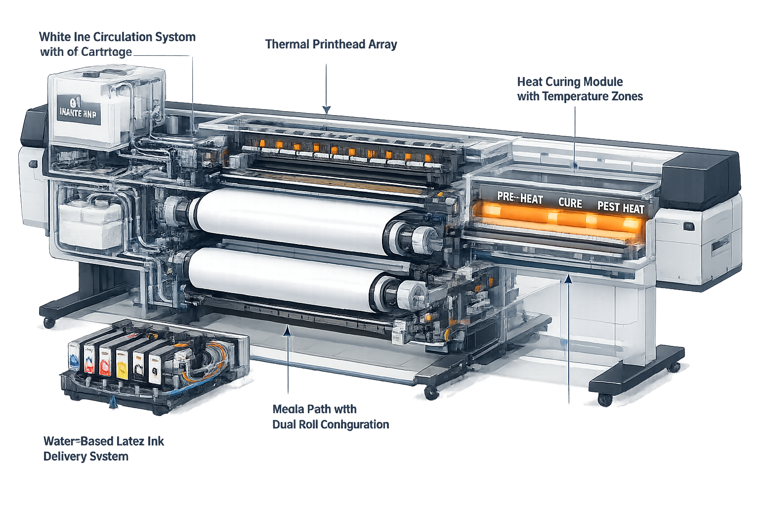 Landscape format (1536x1024) detailed cutaway technical illustration showing HP Latex printer internal components with labeled callouts: whi