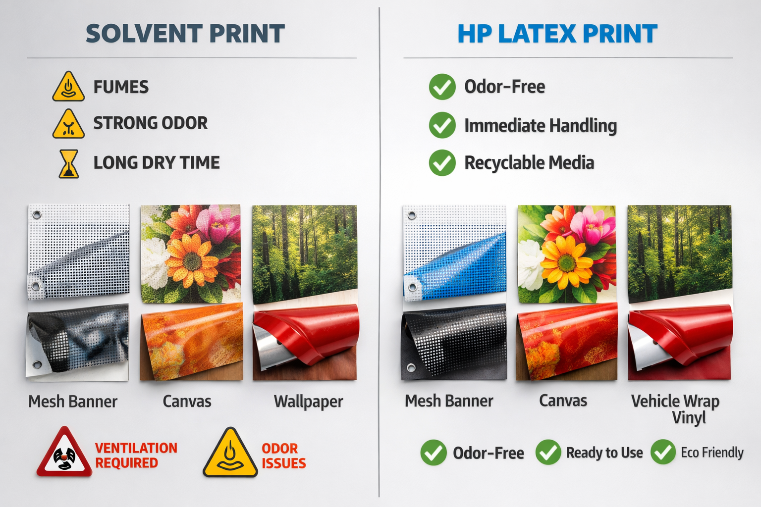 Landscape format (1536x1024) side-by-side comparison visual showing traditional solvent printer output versus HP Latex printer results on sa