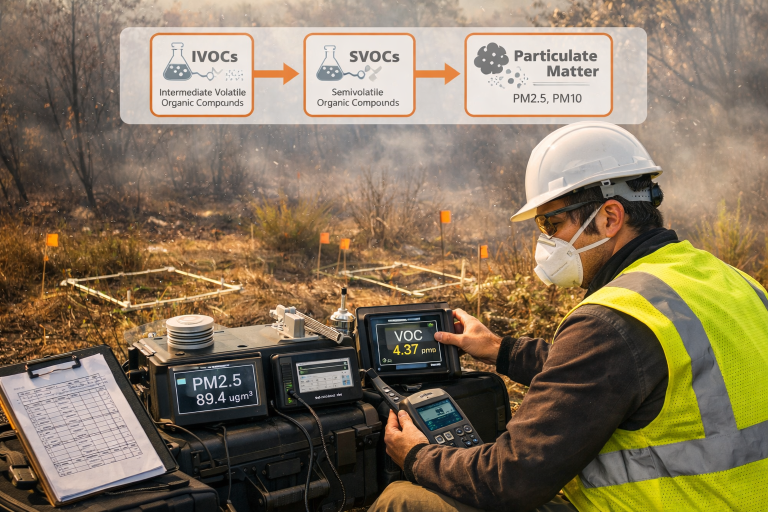Detailed landscape format (1536x1024) image showing field ecology surveyor wearing protective equipment and high-visibility vest operating m
