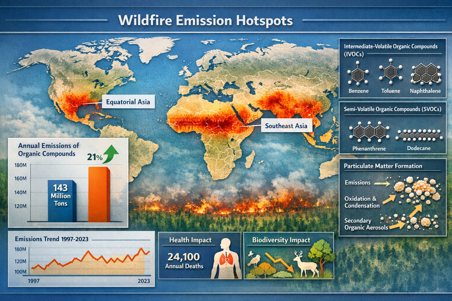 Detailed landscape format (1536x1024) technical infographic illustration displaying wildfire emission hotspot world map with highlighted reg