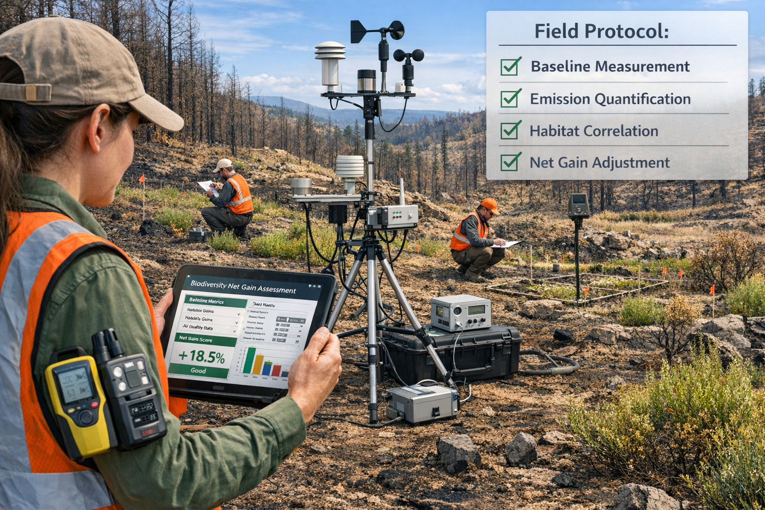 Detailed landscape format (1536x1024) image showing comprehensive field protocol implementation scene with ecology surveyor team conducting 