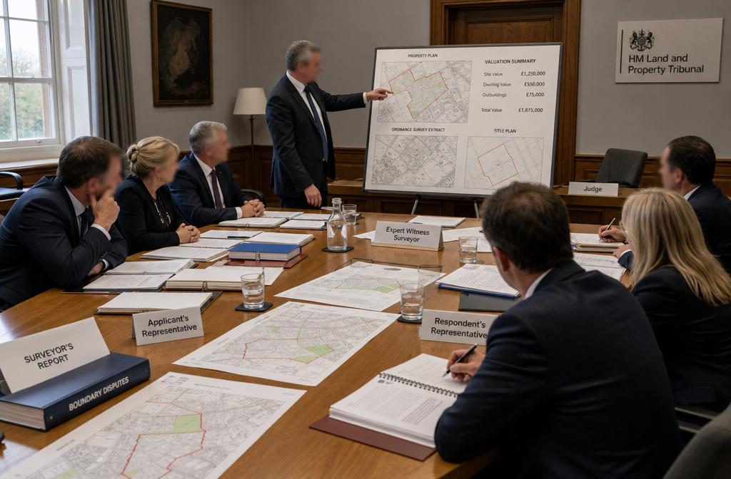() wide-angle editorial photograph of a formal UK mediation or tribunal room, rectangular table with legal documents,