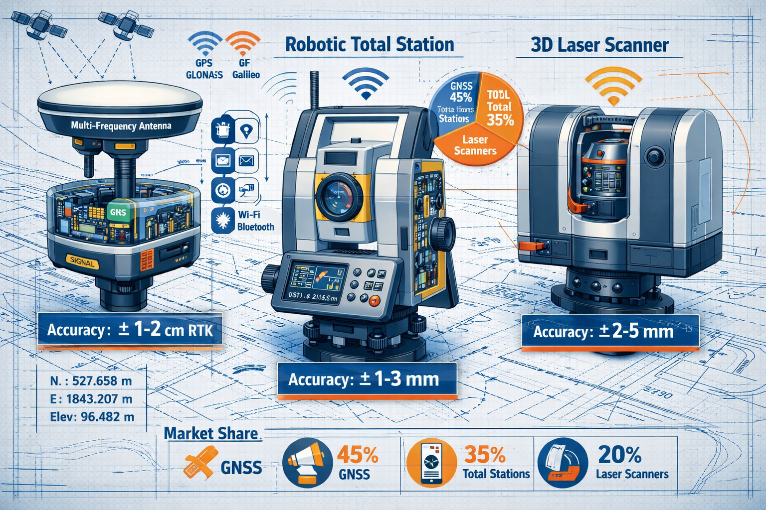 Detailed landscape format (1536x1024) image showing cutaway technical illustration of modern land survey equipment including GPS/GNSS receiv