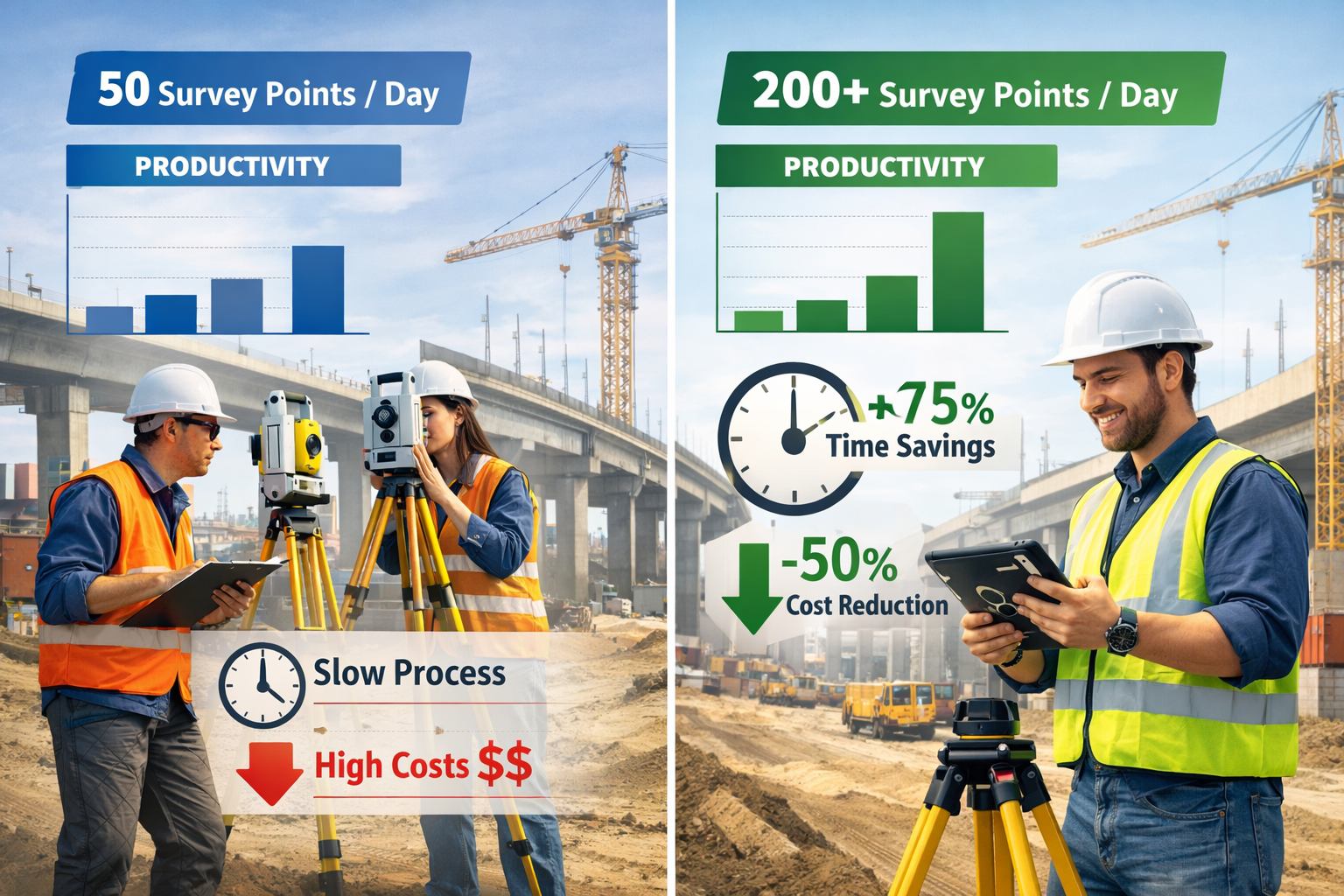 Landscape format (1536x1024) split-screen comparison image showing left side: traditional two-person surveying team with manual total statio