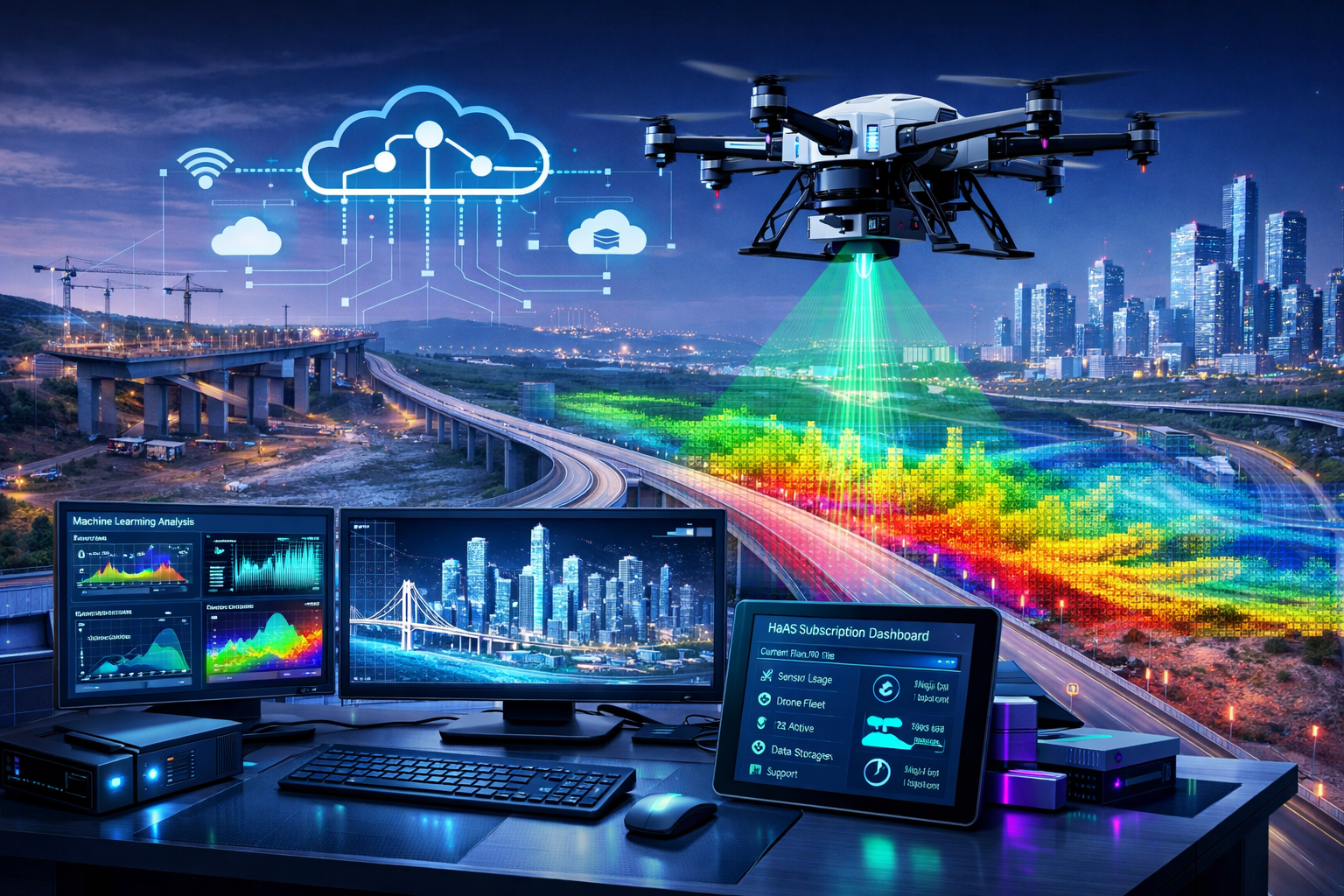 Detailed landscape format (1536x1024) futuristic visualization showing autonomous survey drone with LiDAR sensor flying over large-scale inf