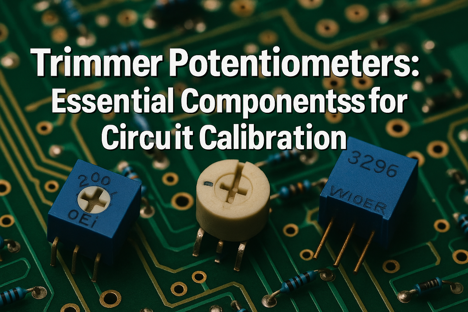 Professional landscape hero image (1536x1024) featuring bold text overlay 'Trimmer Potentiometers: Essential Components for Circuit Calibrat