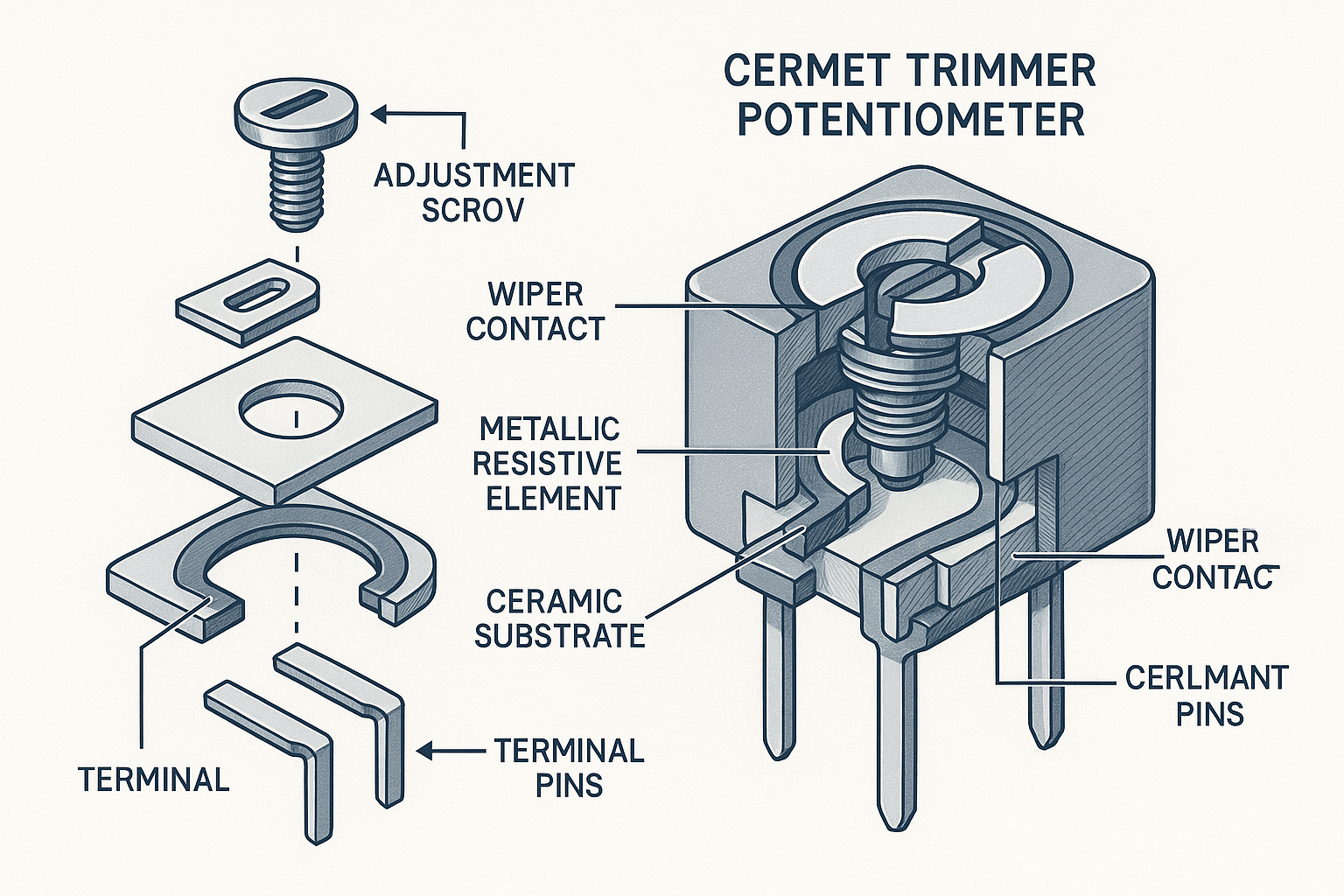 Detailed technical illustration showing cross-section cutaway view of a cermet trimmer potentiometer with labeled internal components includ