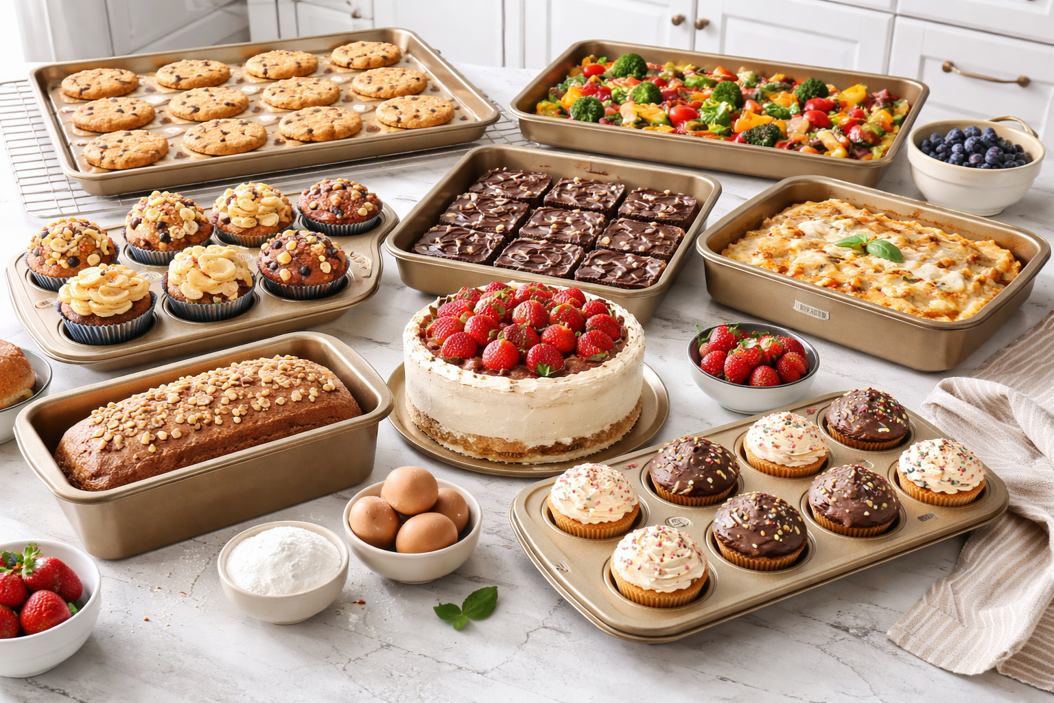 Gymdin bakeware set pieces arranged showing versatility with baked goods on cooling rack