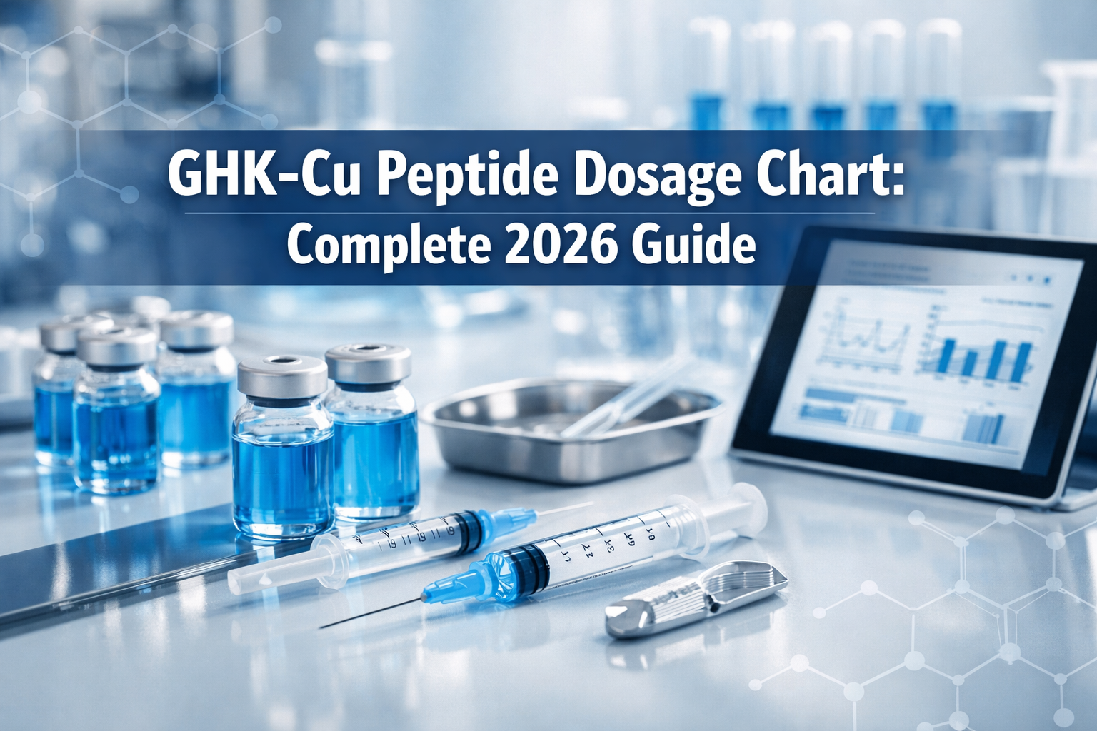 Professional landscape hero image (1536x1024) featuring bold text overlay 'GHK-Cu Peptide Dosage Chart: Complete 2026 Guide' in extra large 