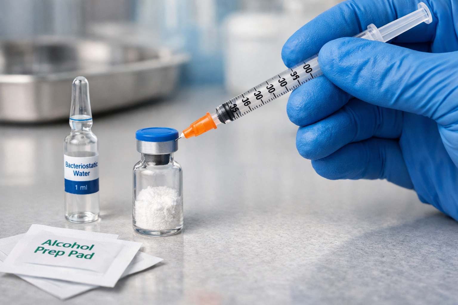 High-quality landscape photograph (1536x1024) of peptide reconstitution process showing sterile glass vial with lyophilized GHK-Cu powder, b