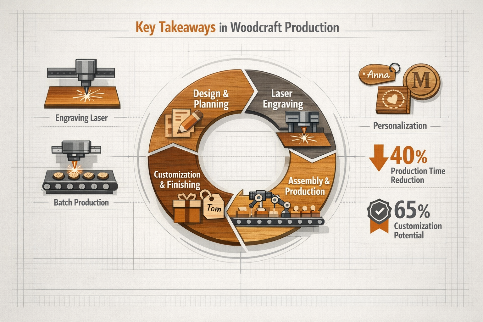 Key Takeaways infographic visualizing woodcraft production workflow, featuring minimalist icons representing engraving laser, batch producti