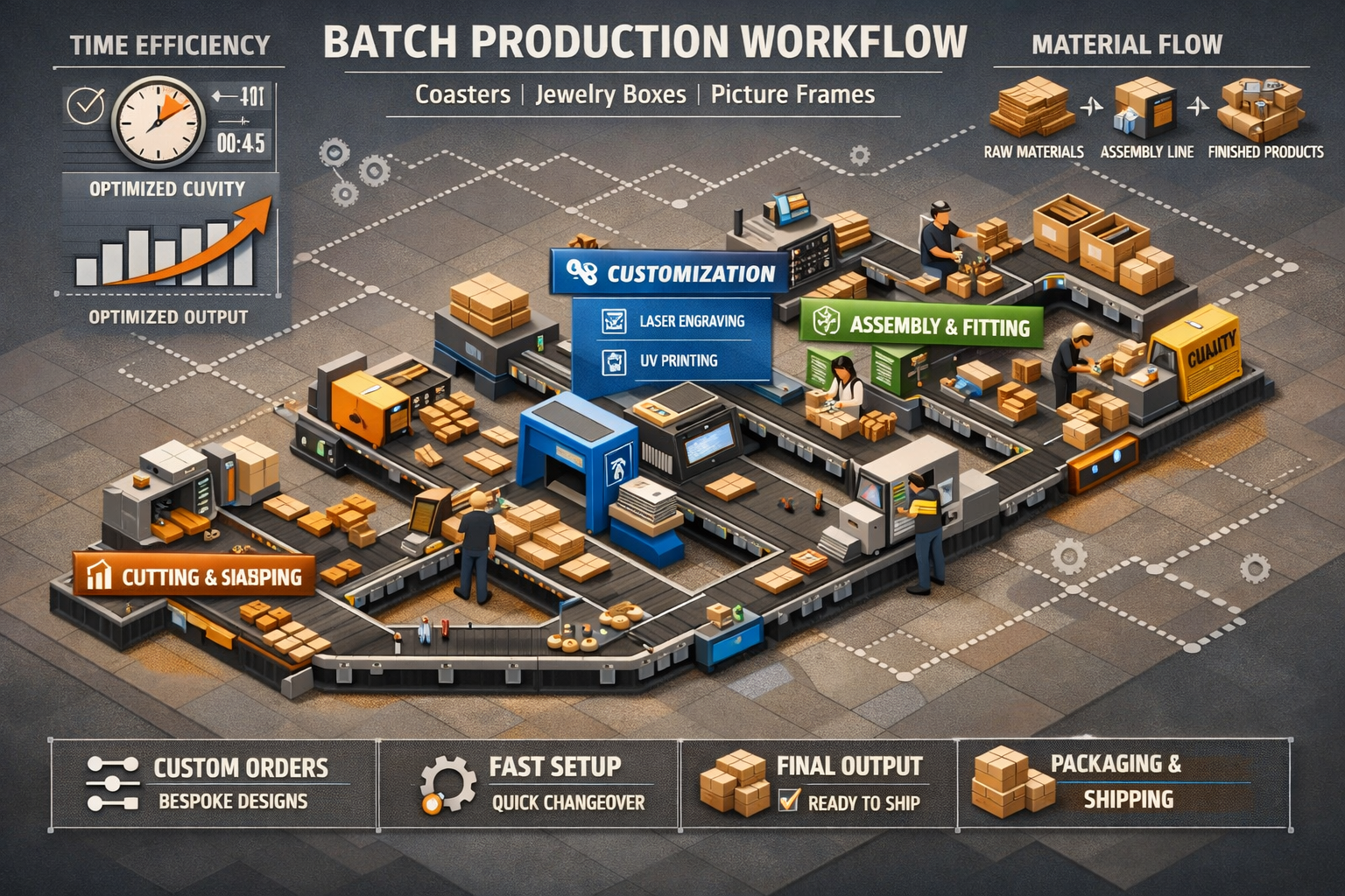 Industrial batch production workflow visualization for small woodcraft items, featuring modular assembly line with synchronized stations for