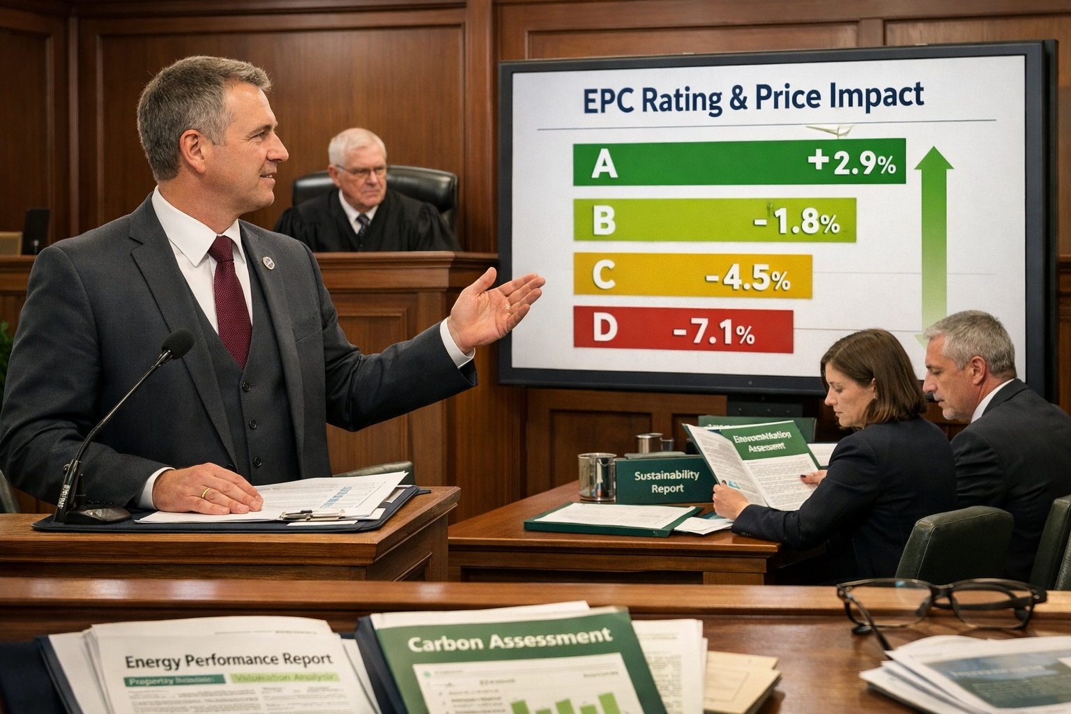 () courtroom scene illustration showing expert witness presenting valuation evidence on large digital screen displaying EPC