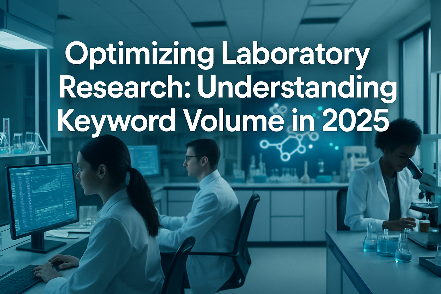 Professional landscape hero image (1536x1024) featuring bold text overlay: 'Optimizing Laboratory Research: Understanding Keyword Volume in 