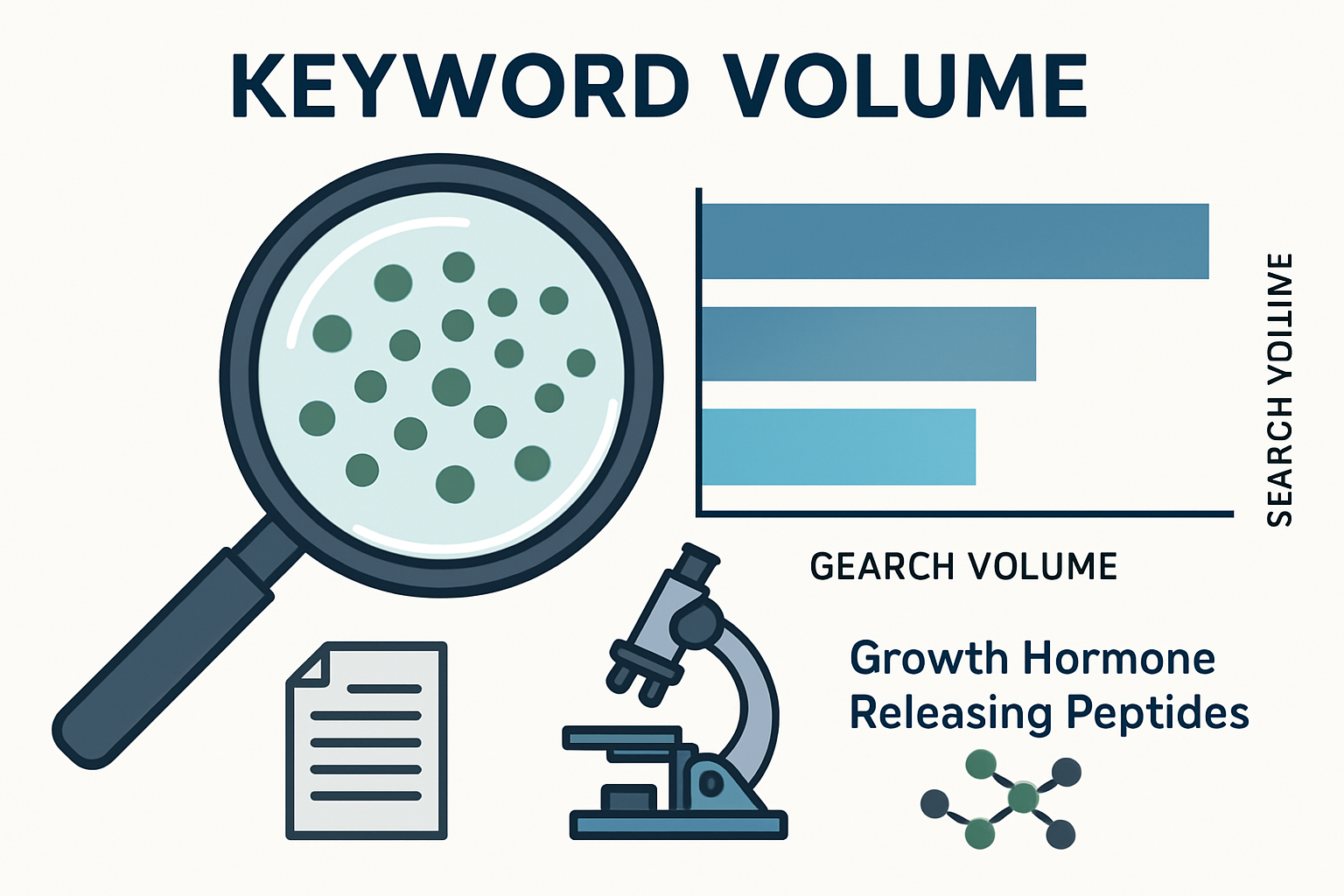 A detailed infographic (1536x1024) illustrating the concept of 'Keyword Volume' in laboratory research, specifically focusing on peptide stu