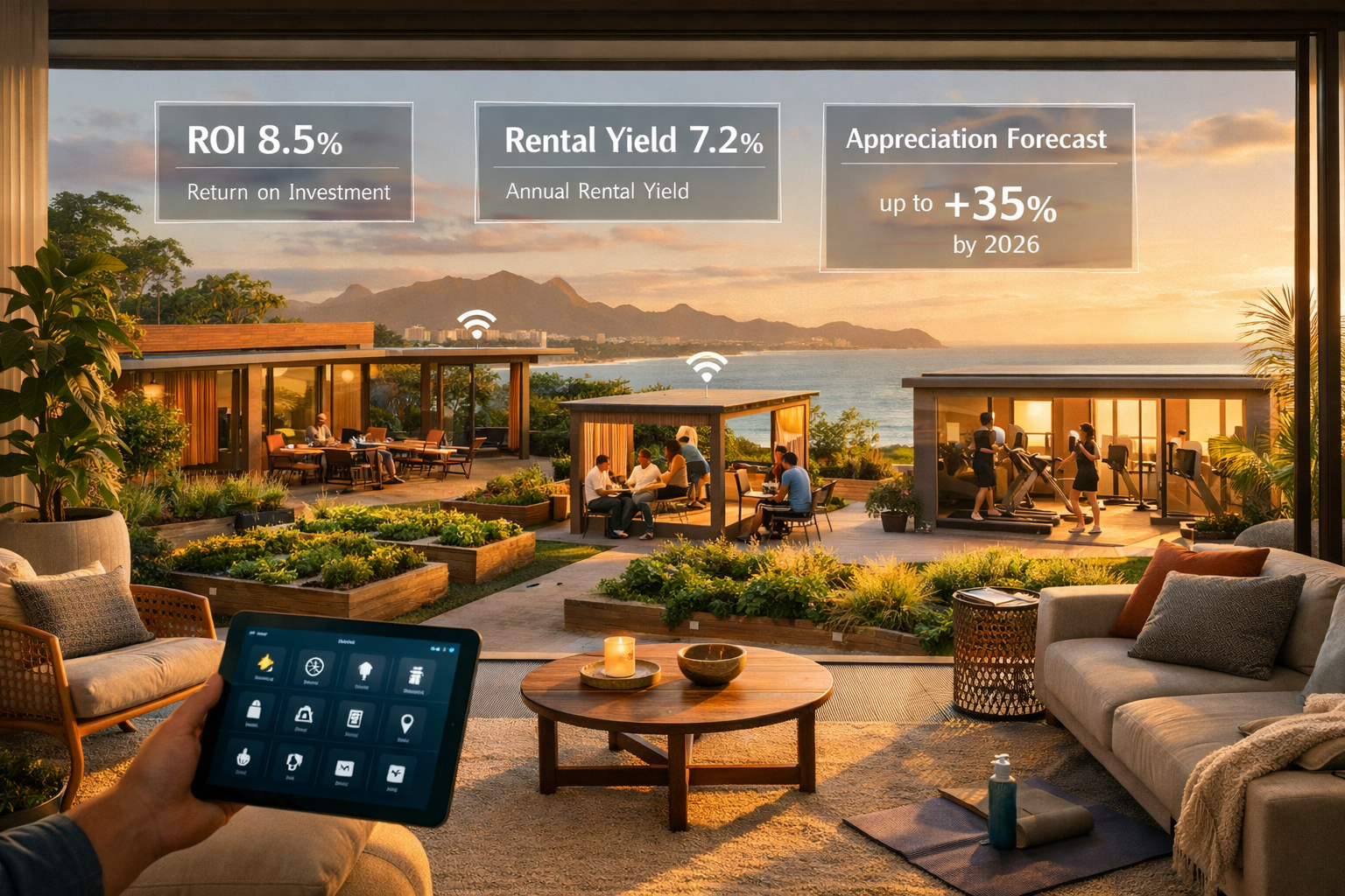 Detailed landscape format (1536x1024) image showcasing future-forward Brazilian lifestyle property interior and exterior: foreground display