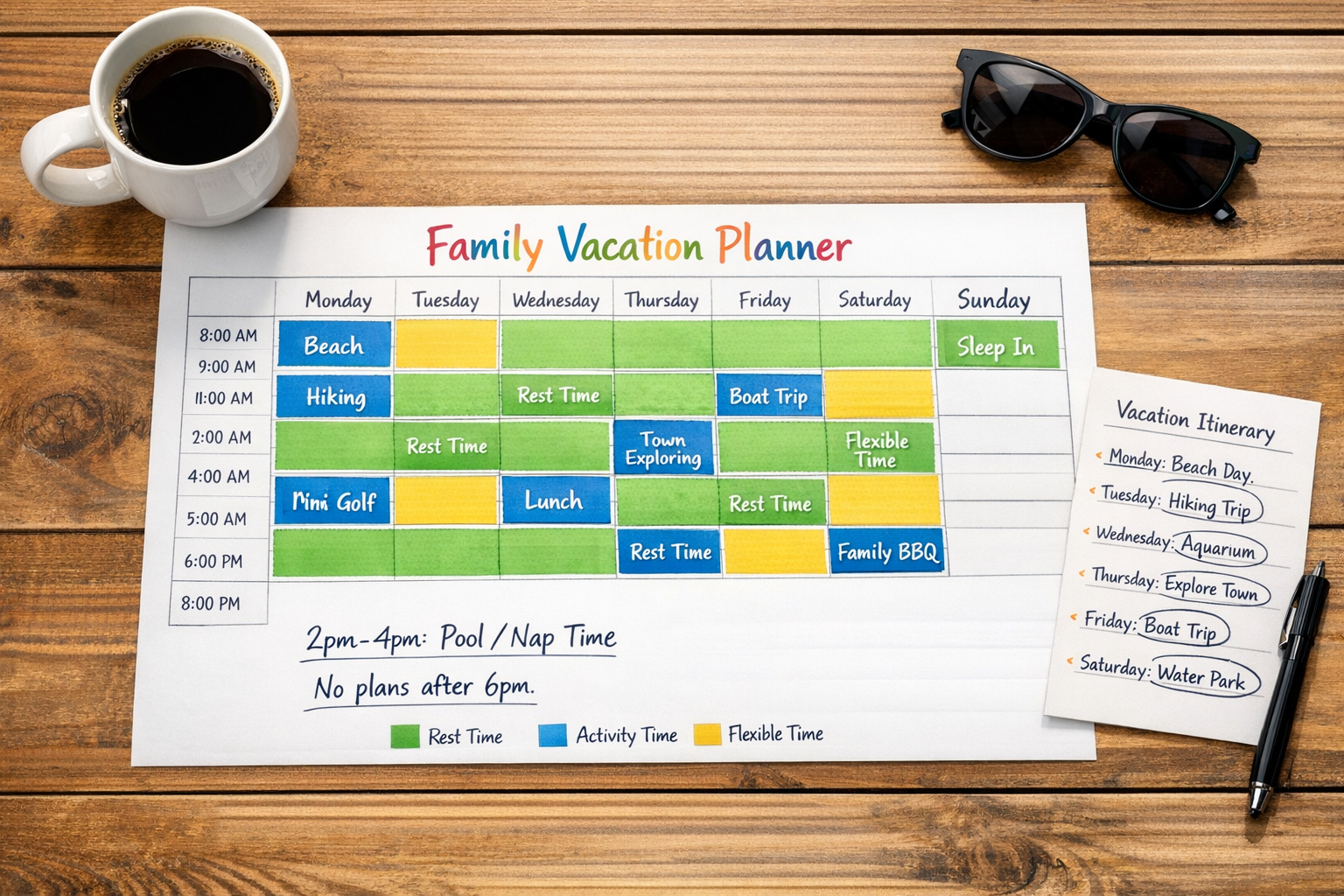 Landscape format (1536x1024) editorial image showing a detailed weekly family vacation planner laid flat on wooden table surface. Planner di