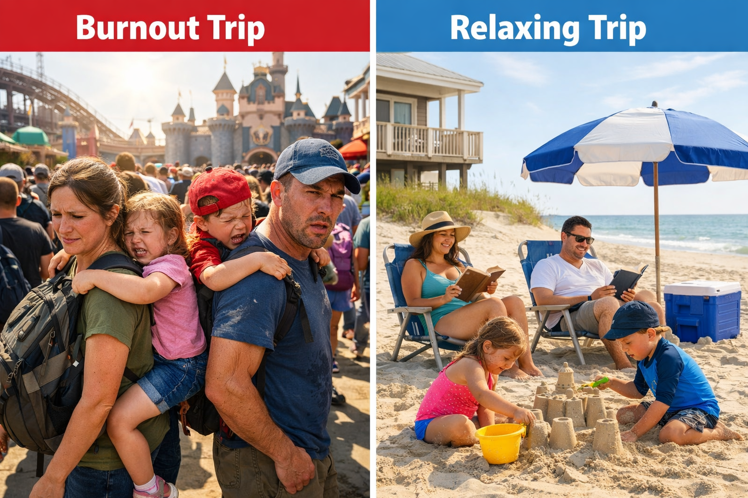 Landscape format (1536x1024) split-screen comparison image showing two family vacation scenarios side by side. LEFT SIDE labeled 'Burnout Tr