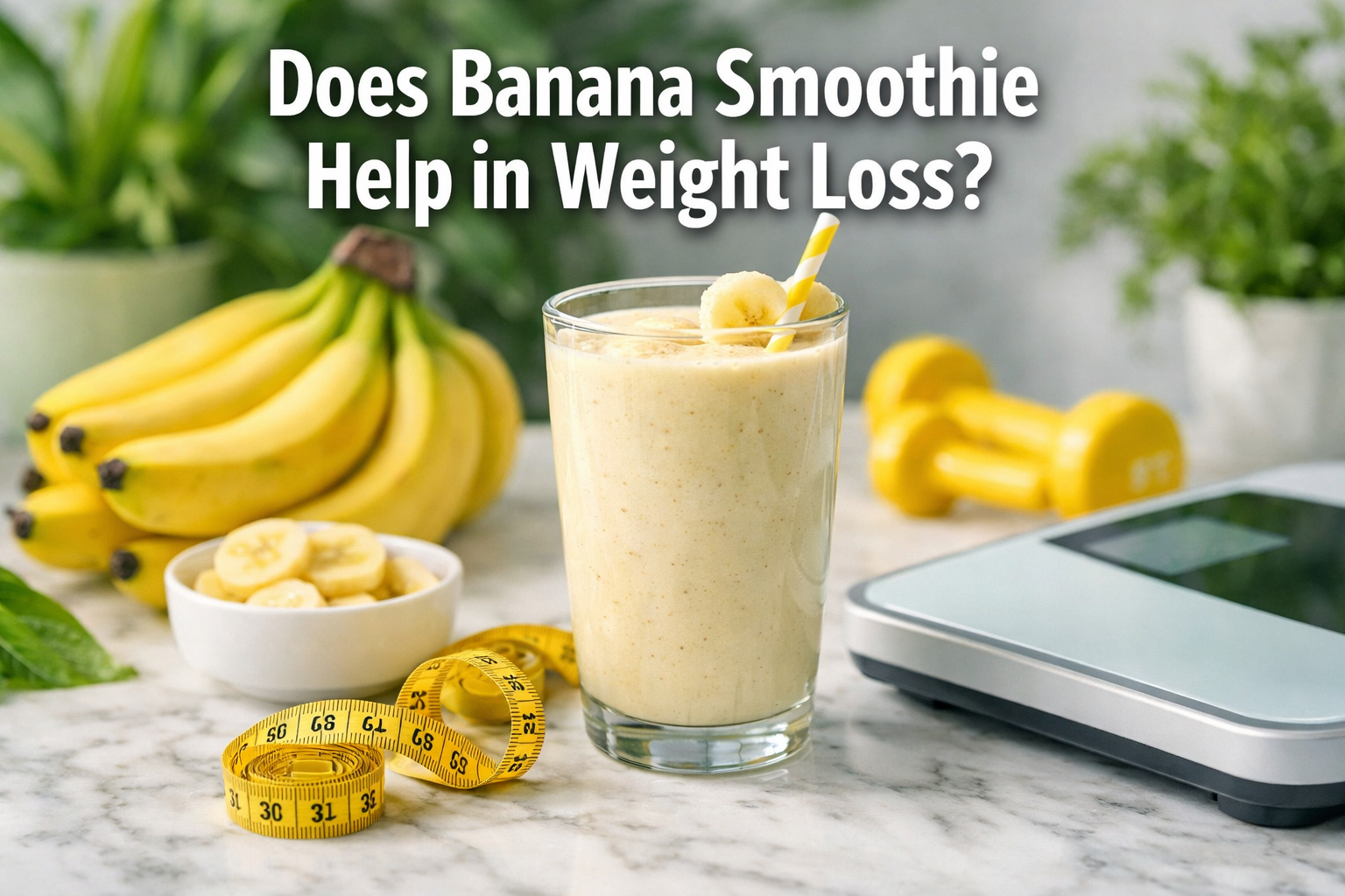 Professional landscape hero image (1536x1024) featuring bold text overlay 'Does Banana Smoothie Help in Weight Loss?' in extra large 70pt wh