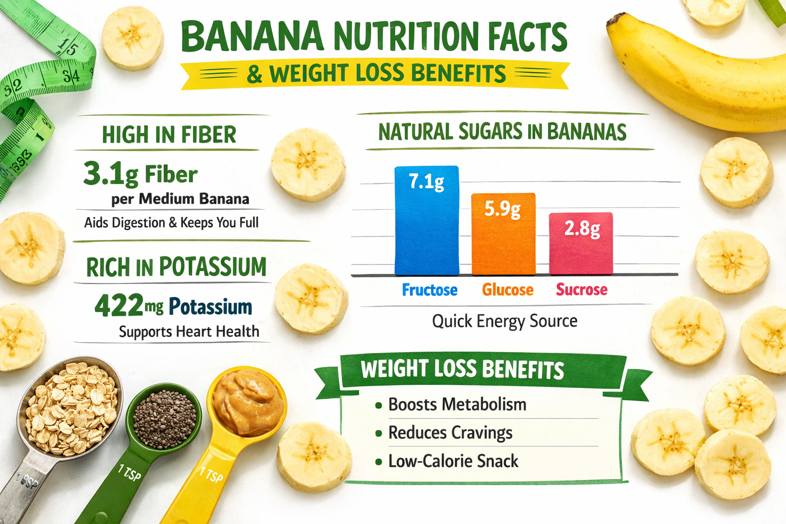 Detailed infographic showing banana nutrition facts with weight loss benefits highlighted - fiber content, potassium levels, natural sugars 