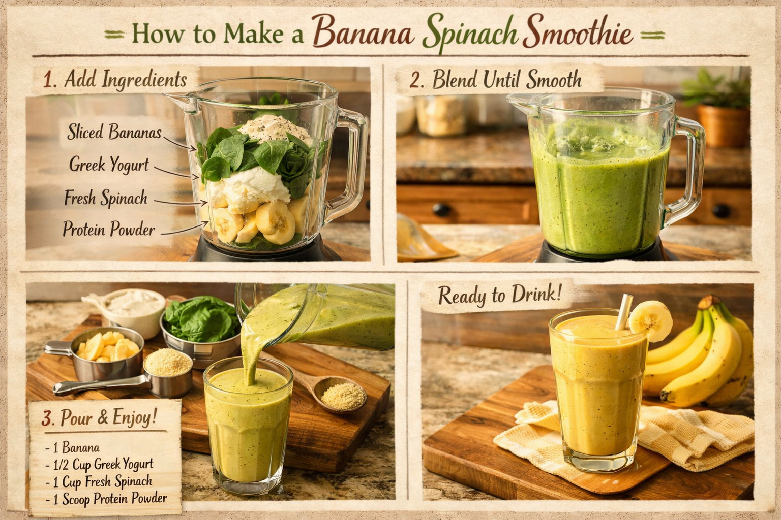 Step-by-step smoothie preparation scene showing blender with banana smoothie ingredients - sliced bananas, Greek yogurt, spinach leaves, pro