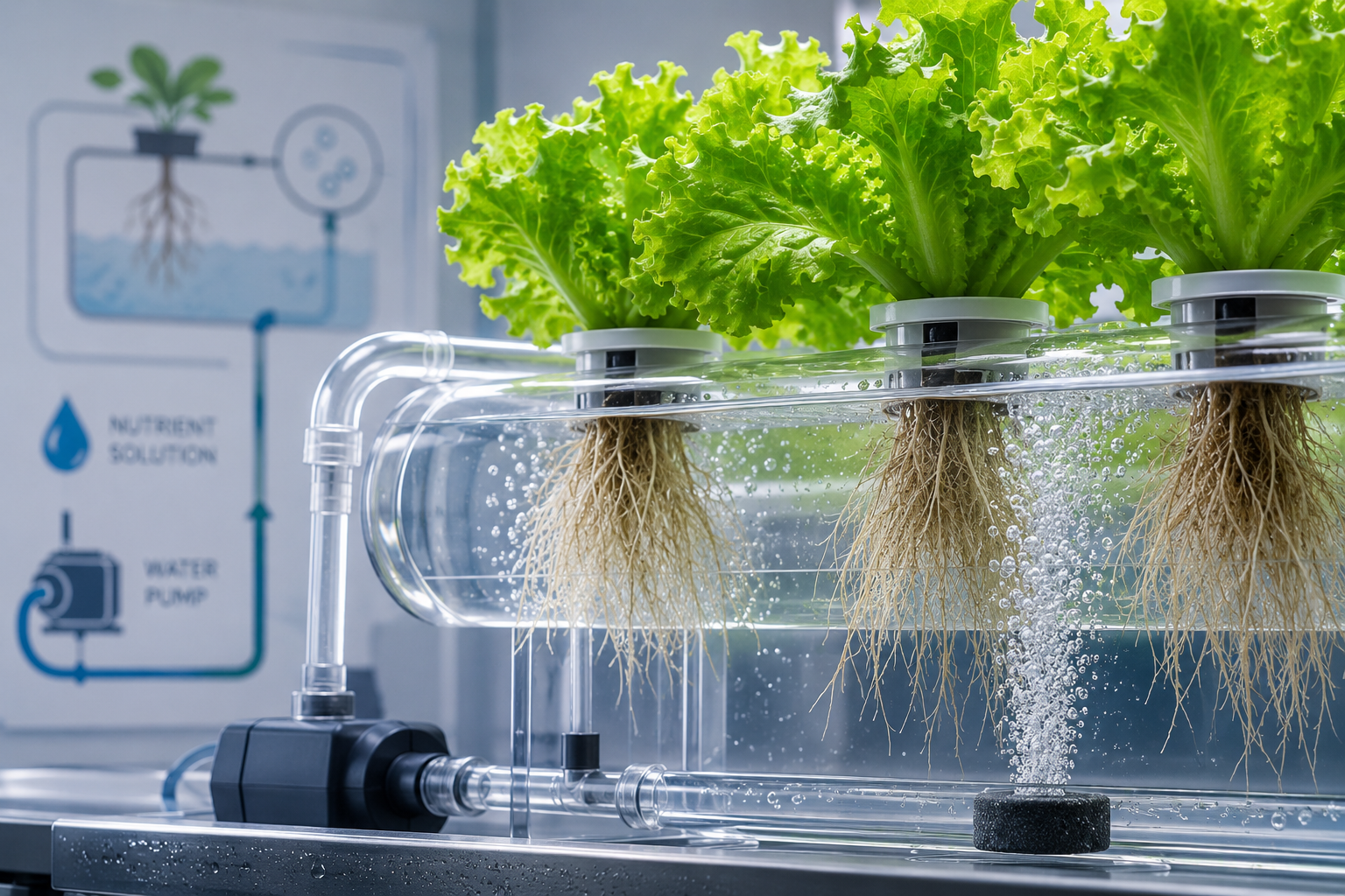 A close-up, dynamic () image illustrating a small hydroponic system. The focus is on the roots of several lettuce plants