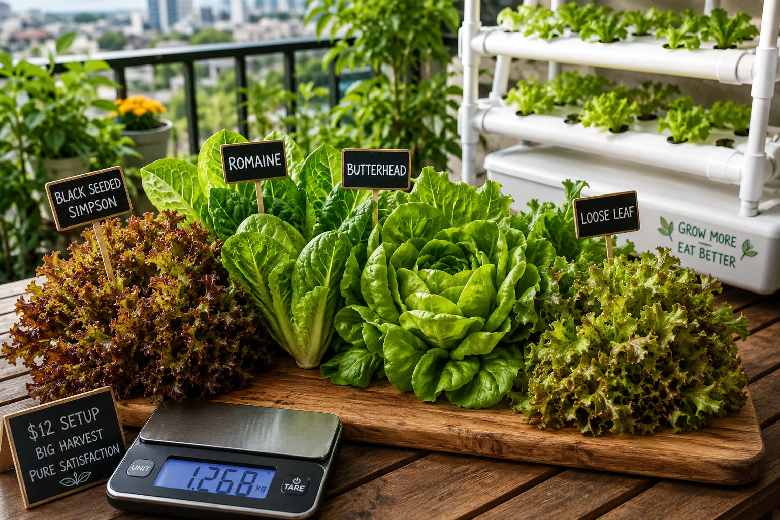A vibrant, detailed () image showcasing a diverse array of fresh, healthy hydroponically grown lettuce varieties arranged