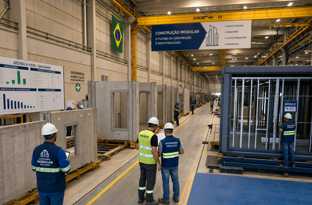 Wide-angle ground-level photograph of a Brazilian modular construction factory floor in 2026, showing rows of prefabricated