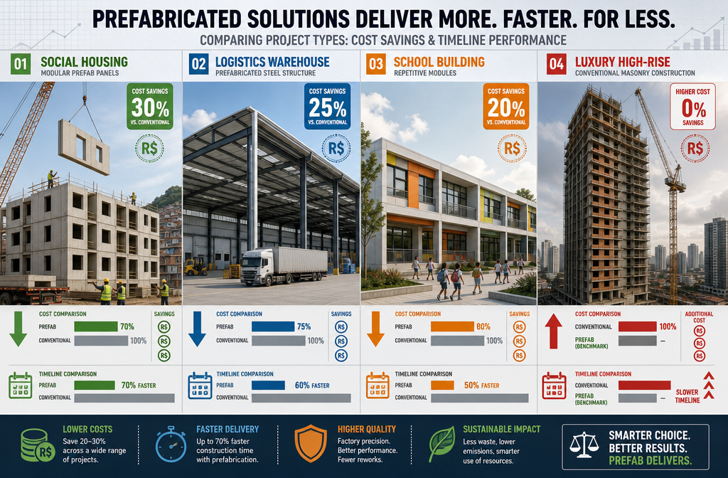 Comparative split-screen infographic illustration showing four project types side by side: social housing blocks with