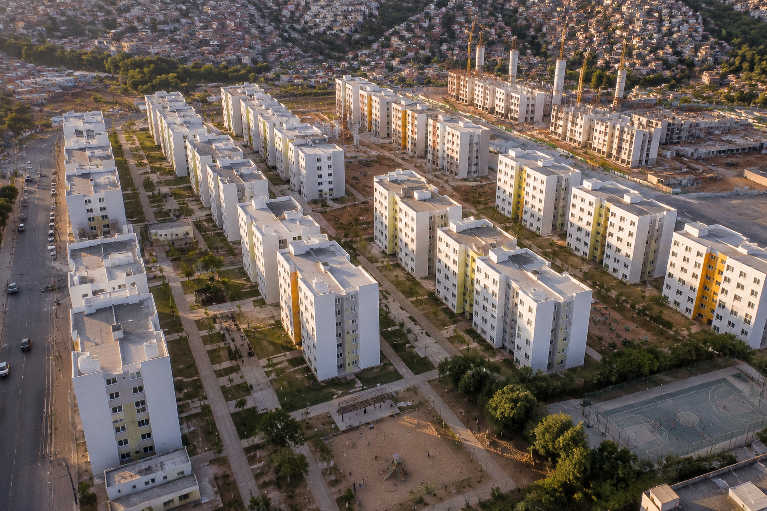 Overhead drone-perspective photograph of a completed Brazilian prefabricated social housing development in an urban