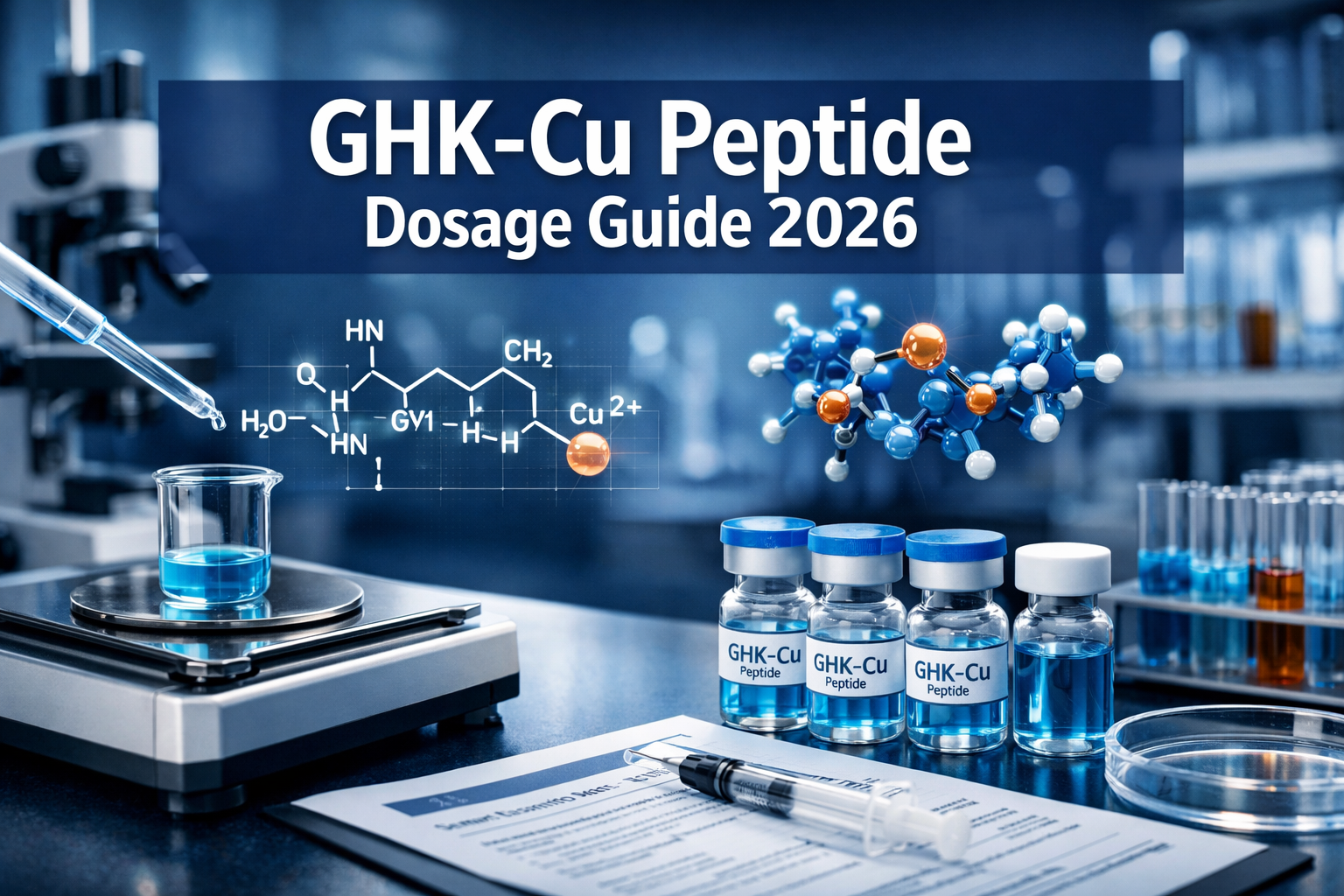 Professional landscape hero image (1536x1024) featuring bold text overlay 'GHK-Cu Peptide Dosage Guide 2026' in extra large 72pt white sans-
