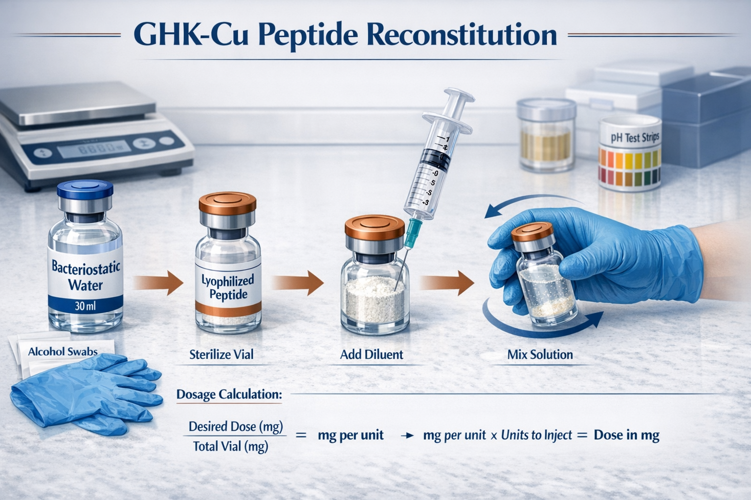 High-quality landscape illustration (1536x1024) depicting GHK-Cu peptide reconstitution process with step-by-step visual guide. Shows bacter