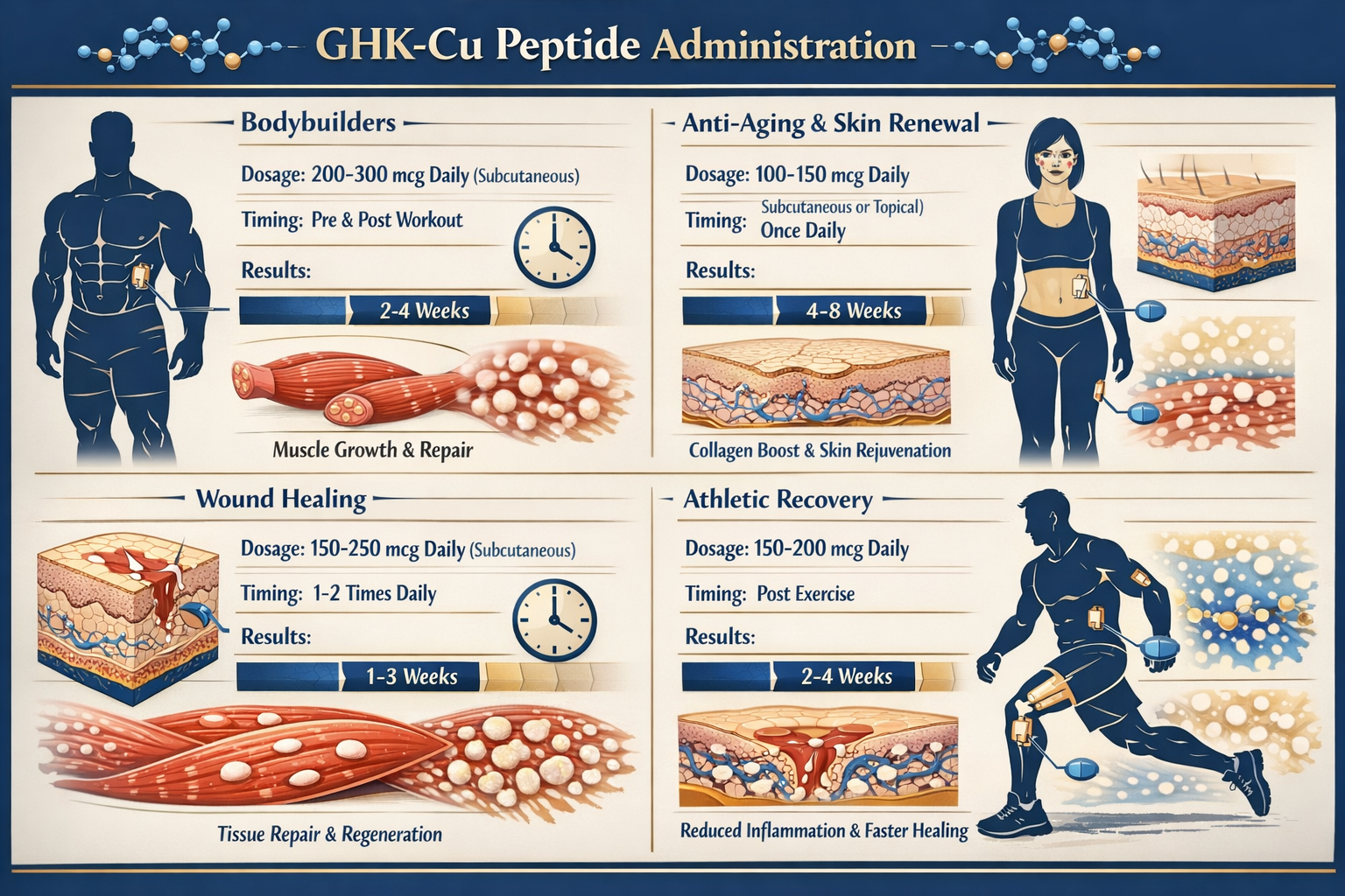 Comprehensive landscape diagram (1536x1024) illustrating GHK-Cu peptide administration protocols for different user profiles: bodybuilders,