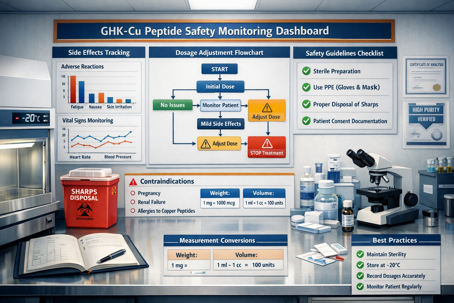Detailed landscape visual (1536x1024) showing GHK-Cu peptide safety monitoring dashboard with side effect tracking charts, dosage adjustment