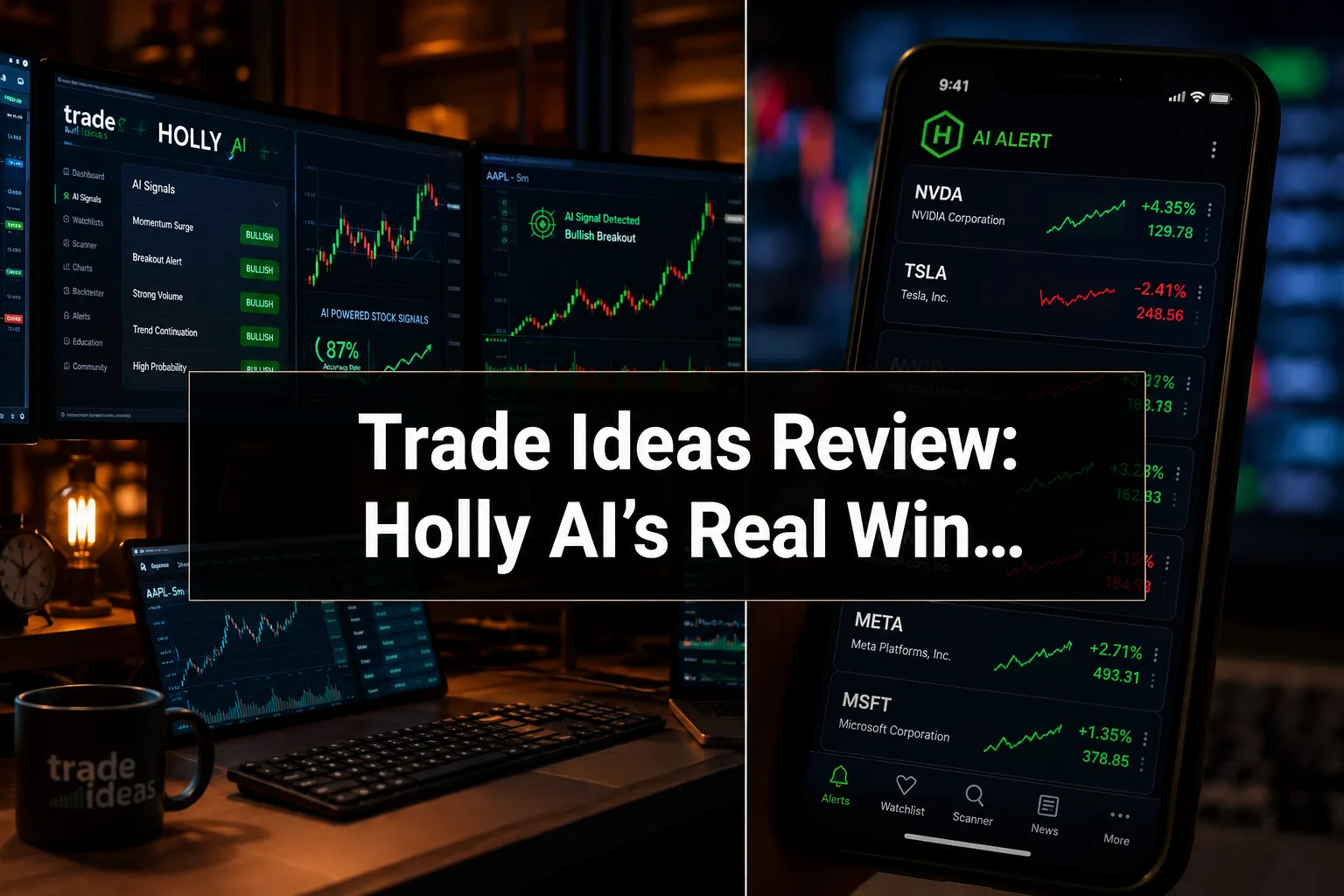 Professional () hero image with (≤42 chars): 'Trade Ideas Review: Holly AI's Real Win…', crisp white on a dark