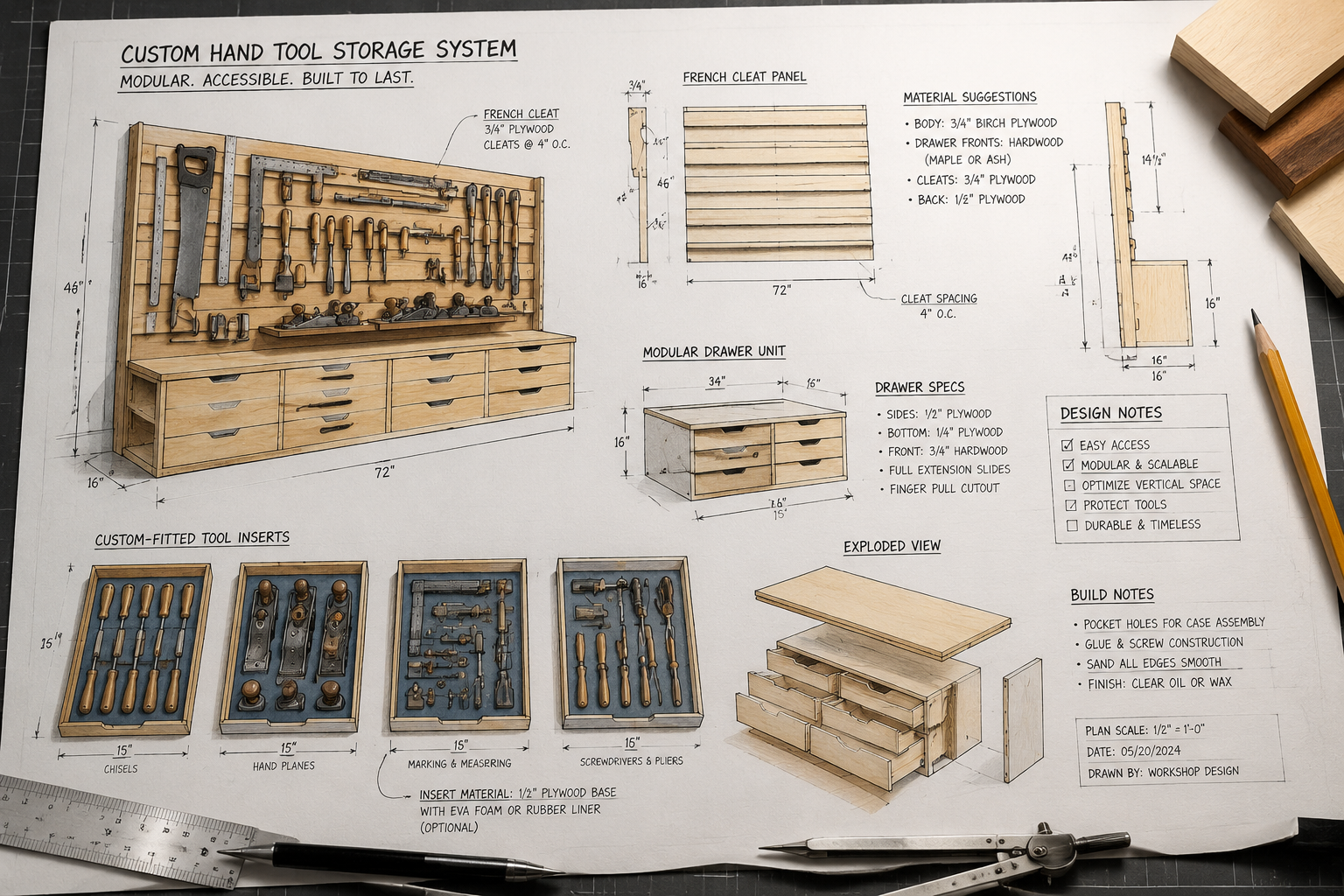 Detailed () image showing a blueprint or schematic design of a custom hand tool storage system. The design highlights