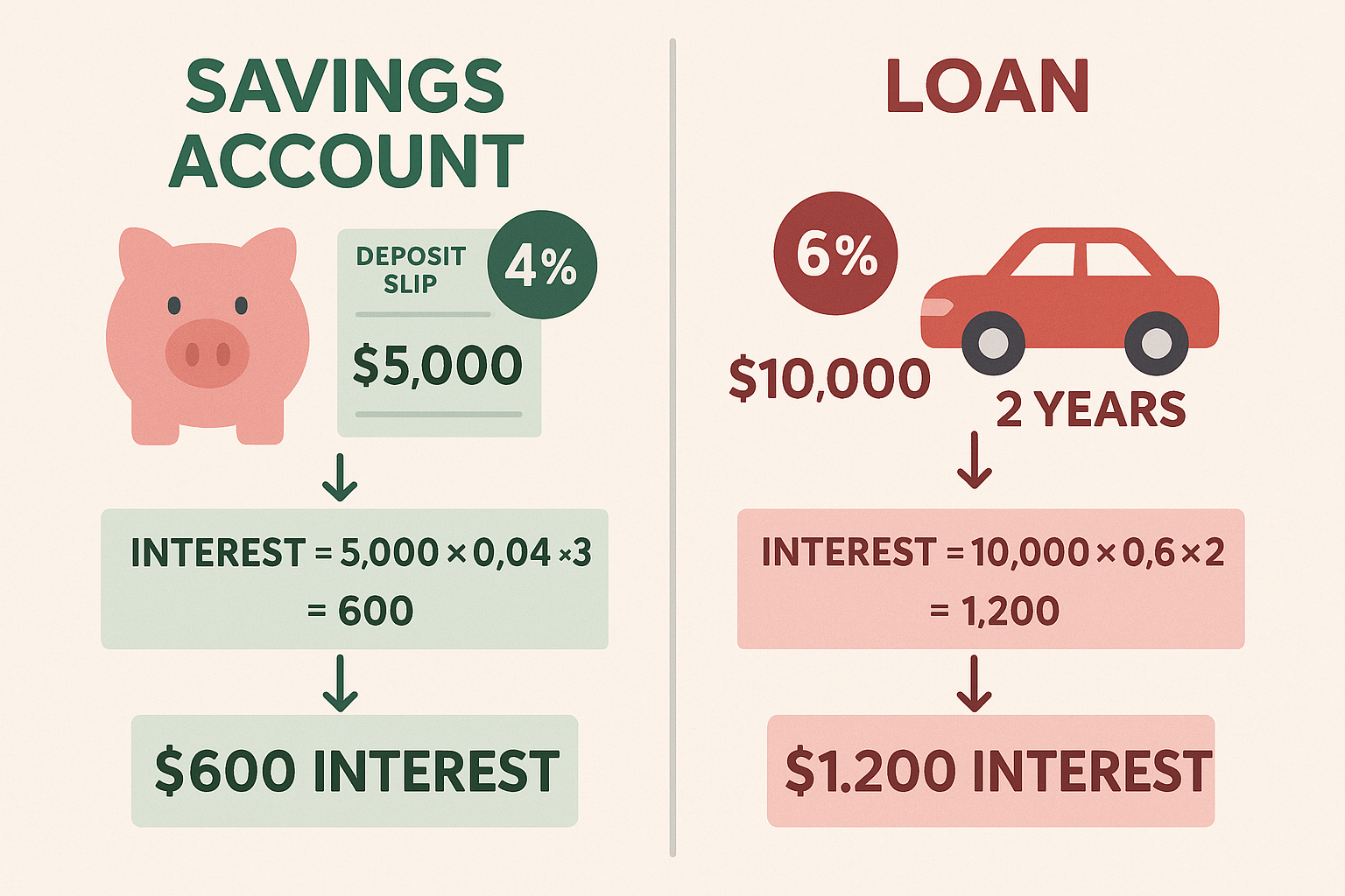 Split-screen comparison illustration showing two real-world simple interest scenarios side-by-side: left side displays savings account scena