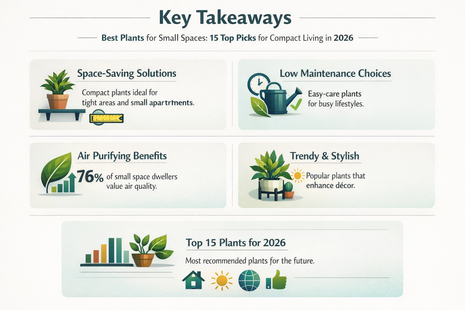 Professional infographic for article "Best Plants for Small Spaces: 15 Top Picks for Compact Living in 2026", section: "Key