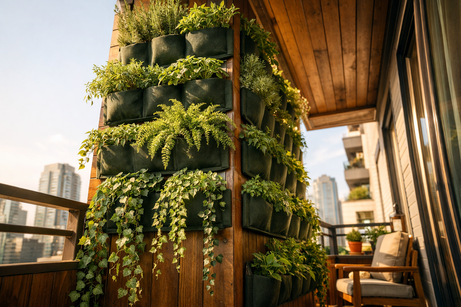 () editorial photo of a narrow apartment balcony transformed into a vertical green wall using wall-mounted pocket planters