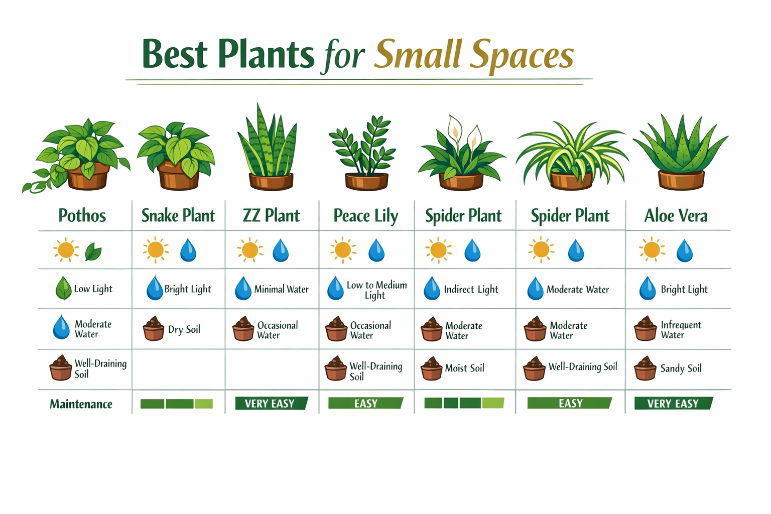 () infographic-style editorial image showing a side-by-side comparison table of six small-space plants — pothos, snake
