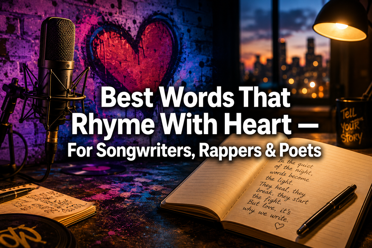 Professional () hero image with : 'Best Words That Rhyme With Heart — For Songwriters, Rappers & Poets', in a modern white