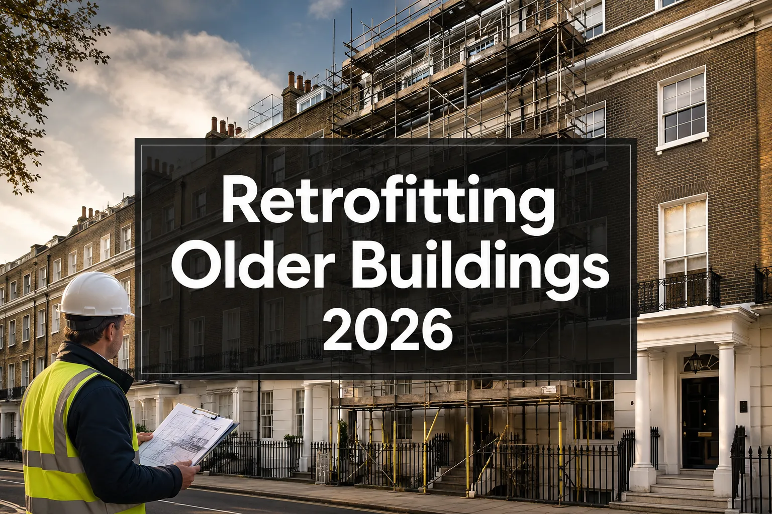 Professional () hero image with 'Retrofitting Older Buildings 2026' in crisp white on a deep charcoal semi-transparent