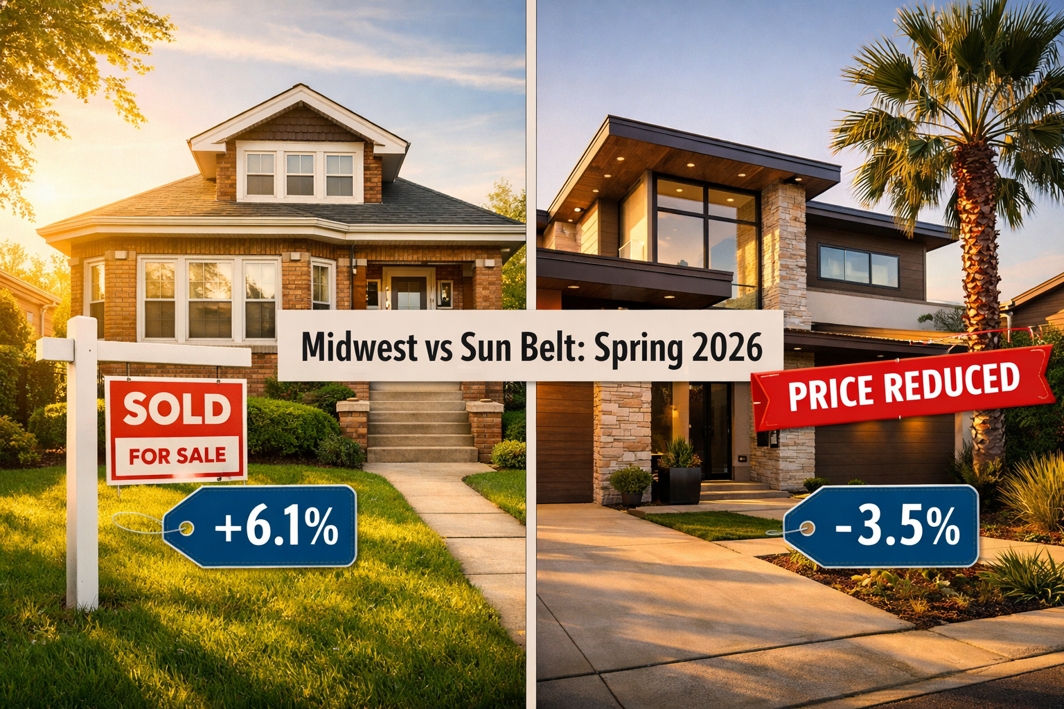 () split-panel comparison image: left panel shows a charming brick Chicago bungalow with a green lawn and 'SOLD' sign,