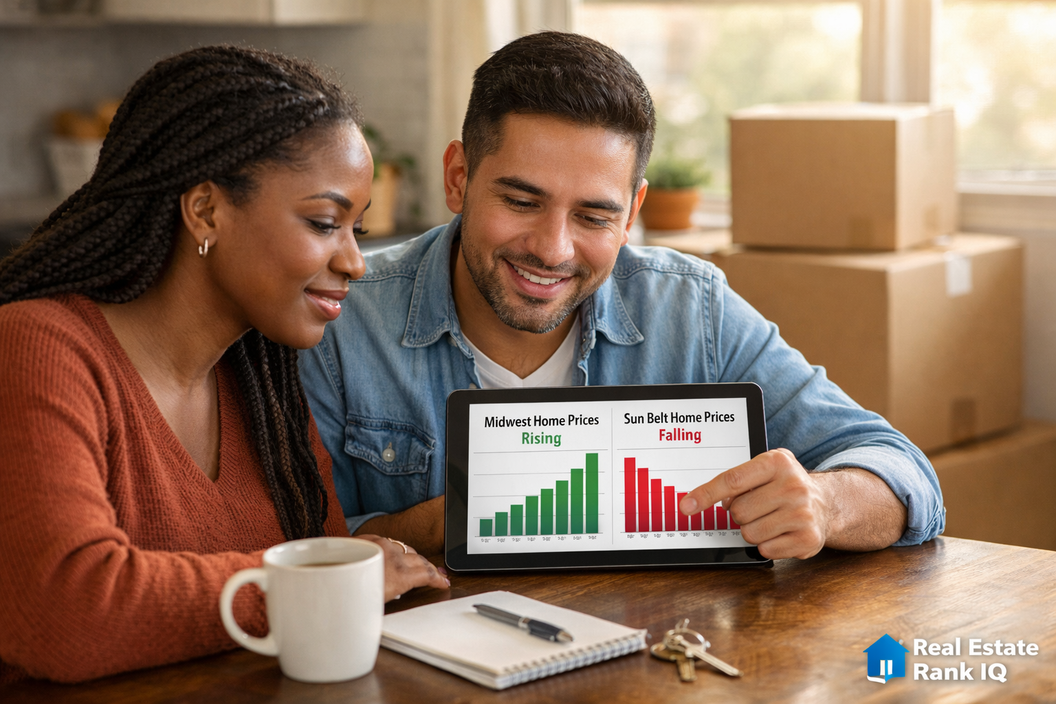 () editorial image showing a confident diverse couple &mdash; one Black woman and one Latino man &mdash; reviewing housing market data
