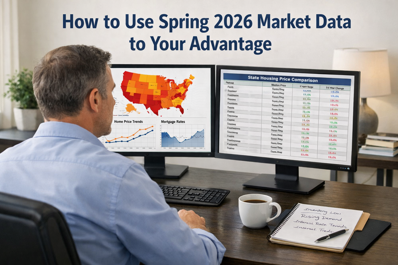 () image of a real estate investor or home buyer sitting at a modern desk with dual monitors showing housing market trend
