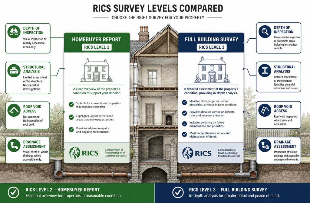 Detailed () split-panel infographic illustration showing two survey report documents side by side — a HomeBuyer Report (RICS