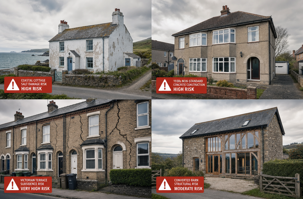 Aerial-perspective () editorial photograph showing four distinct UK property types arranged in a 2x2 grid: a coastal cottage