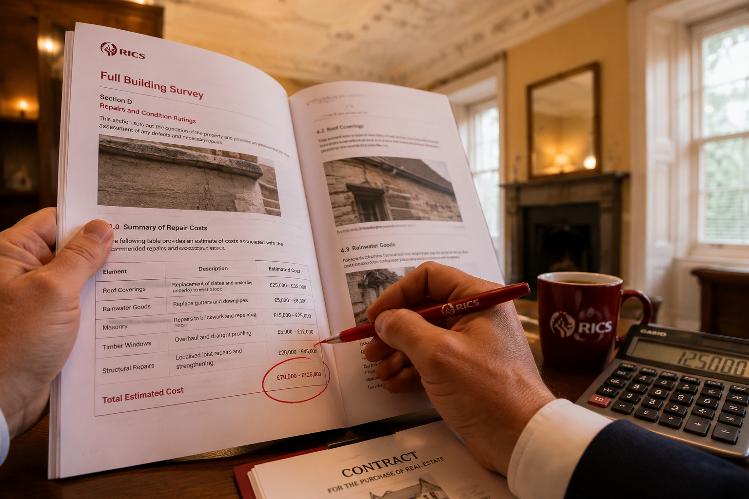 Close-up () editorial image of a RICS chartered surveyor's hands holding a detailed Full Building Survey report open on a