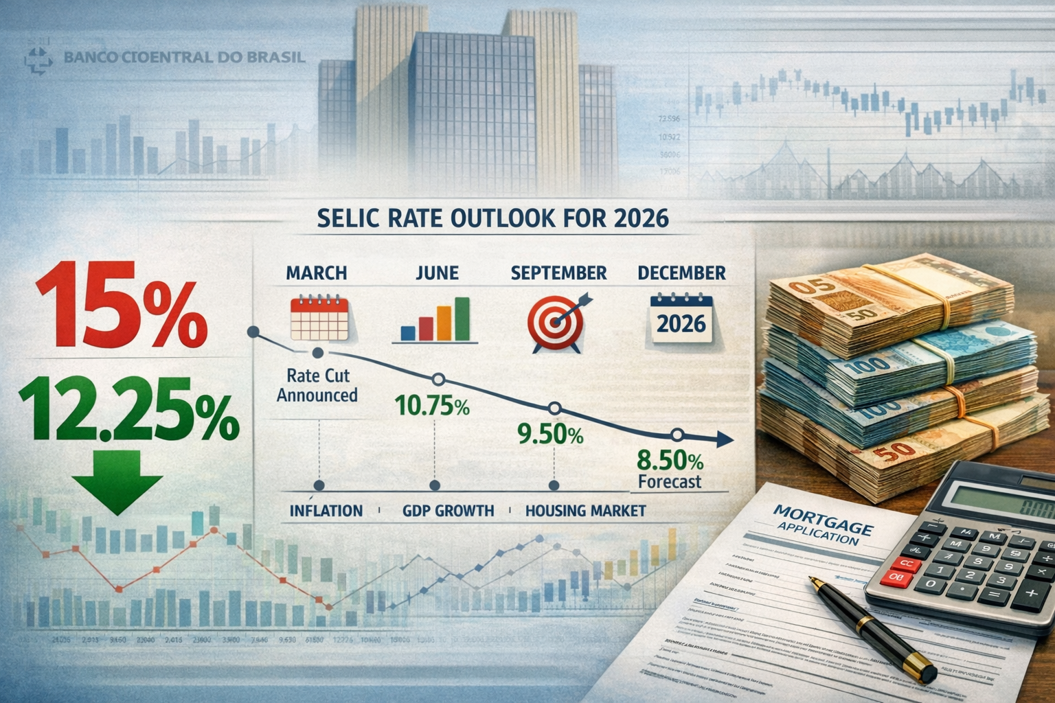 Detailed () image showing split-screen composition: left side displays large '15%' in red transforming to '12.25%' in green